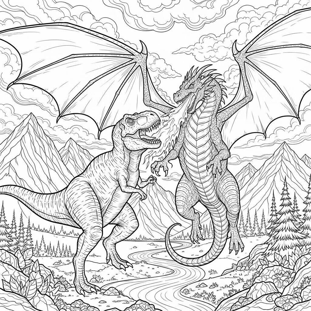 Desenho de T-Rex e Dragoes para Colorir