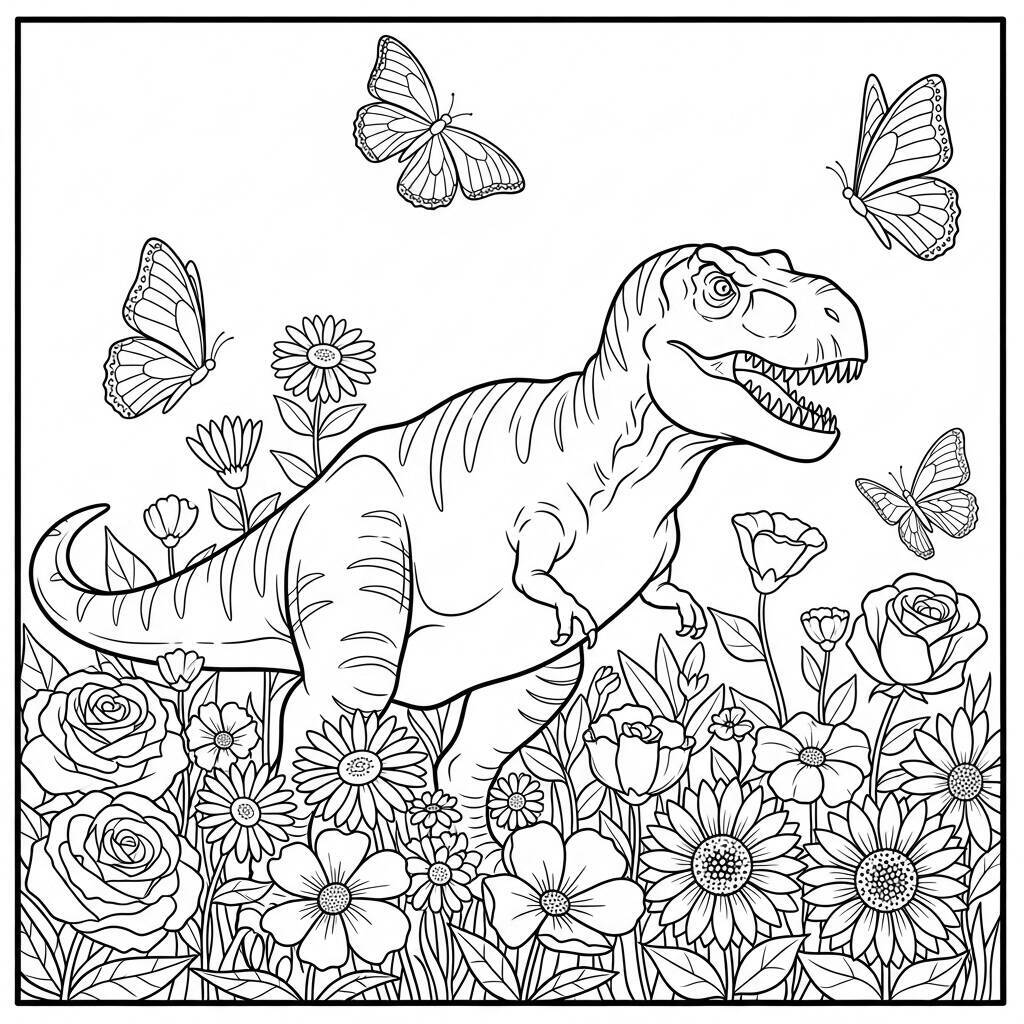 Desenho de T-Rex e Flores para Colorir