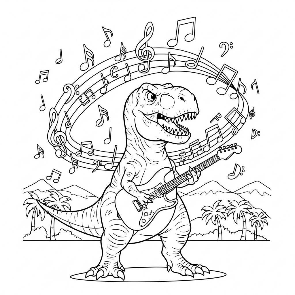 Desenho de T-Rex e Música para Colorir