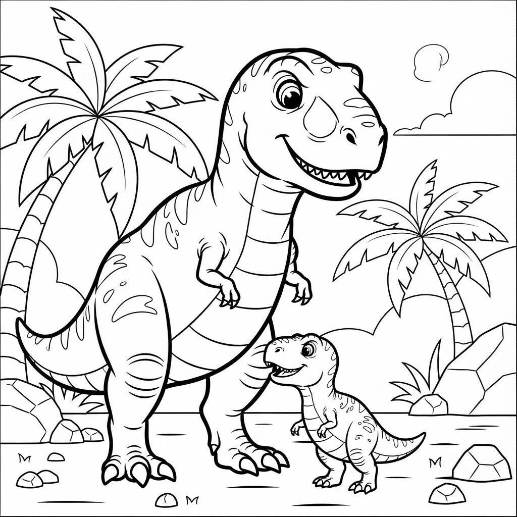 Desenho de T-Rex e Seu Filhote para Colorir