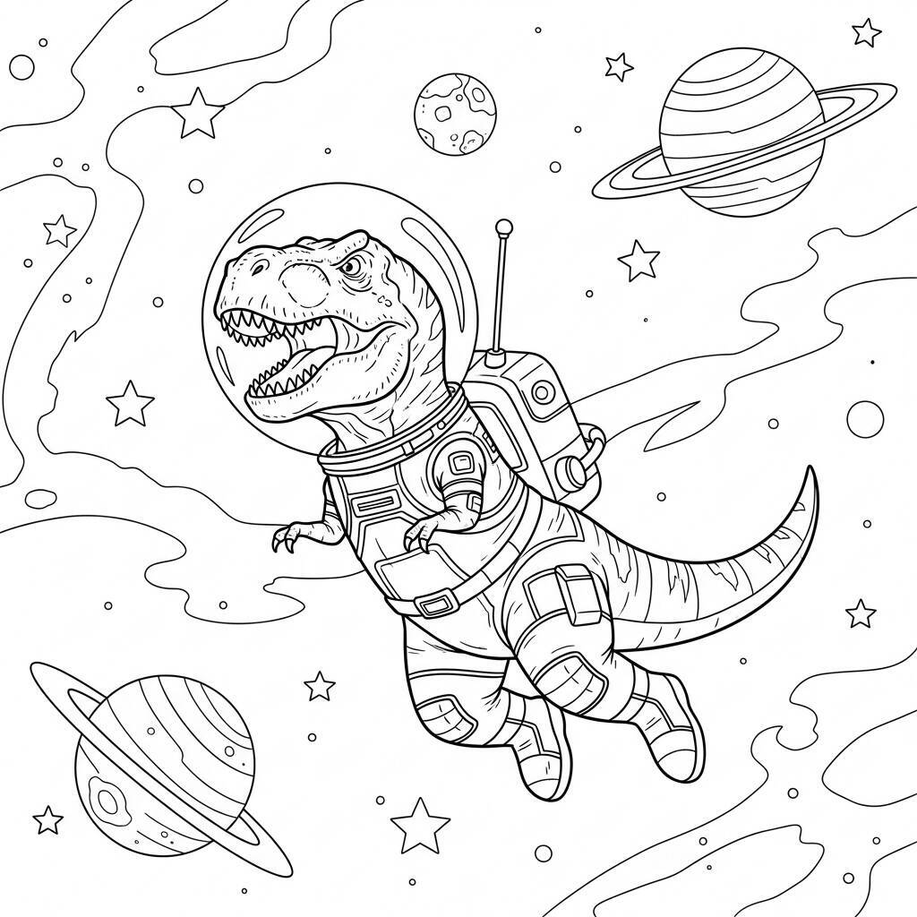 Desenho de T-Rex em Aventura Espacial para Colorir