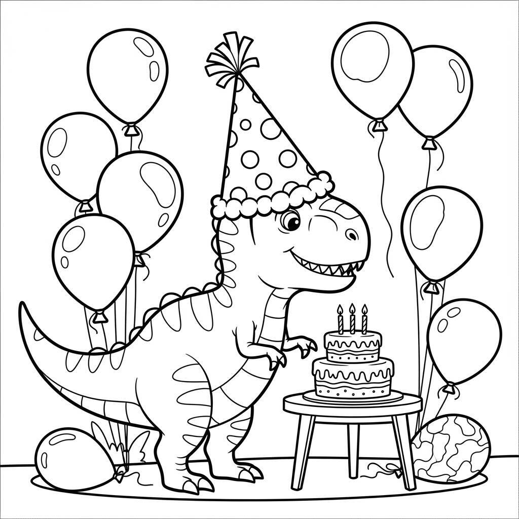 Desenho de T-Rex em Festa de Aniversário para Colorir