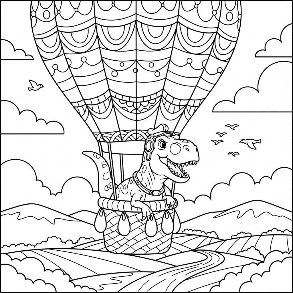 Desenho de T-Rex em um Balão de Ar Quente para Colorir