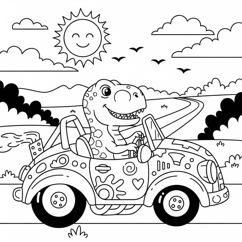 Desenho de T-Rex em um Carro para Colorir
