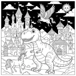 Desenho de T-Rex em um Mundo de Fantasia para Colorir