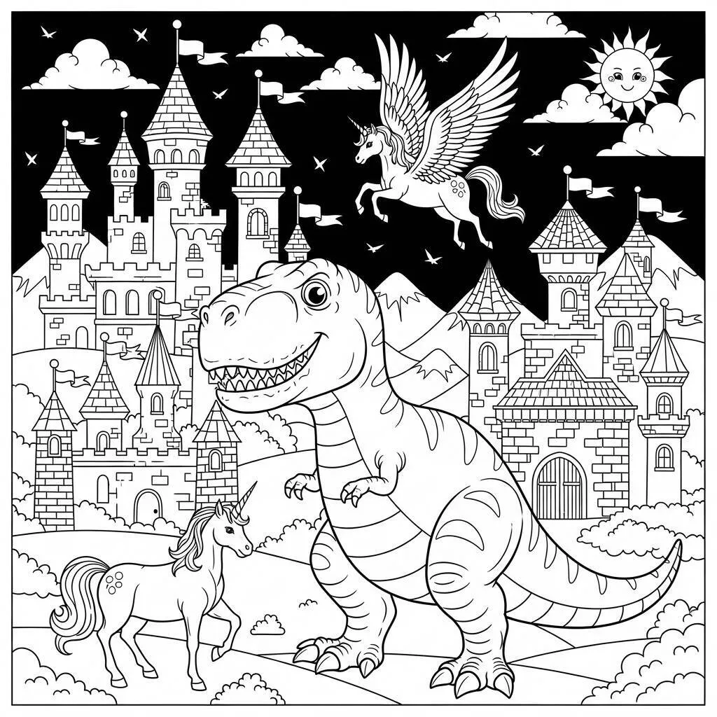 Desenho-de-T-Rex-em-um-Mundo-de-Fantasia-para-Colorir Desenho de T-Rex em um Mundo de Fantasia para Colorir