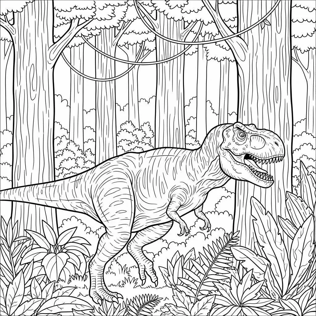 Desenho de T-Rex na Floresta para Colorir