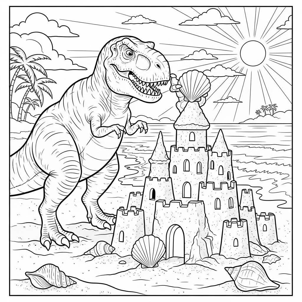 Desenho de T-Rex na Praia para Colorir