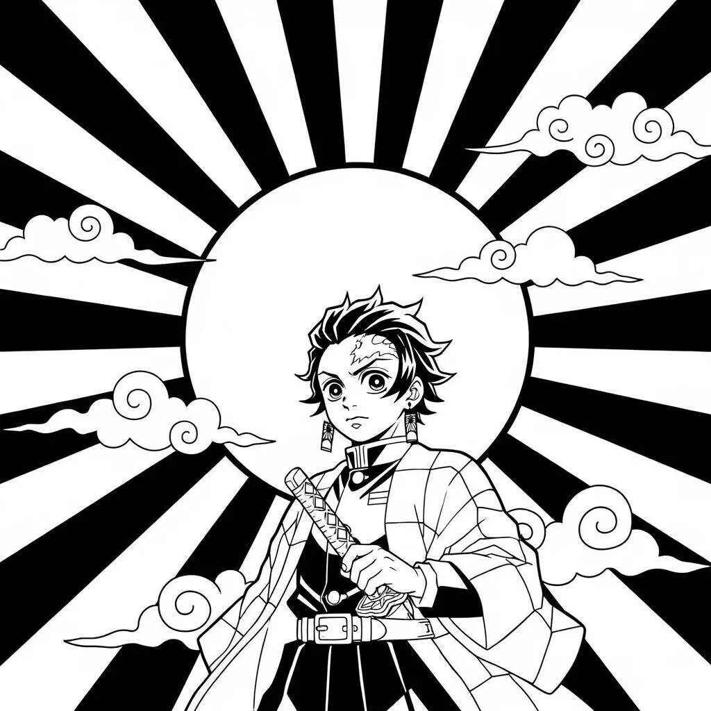 Desenho de Tanjiro e o sol nascente para Colorir