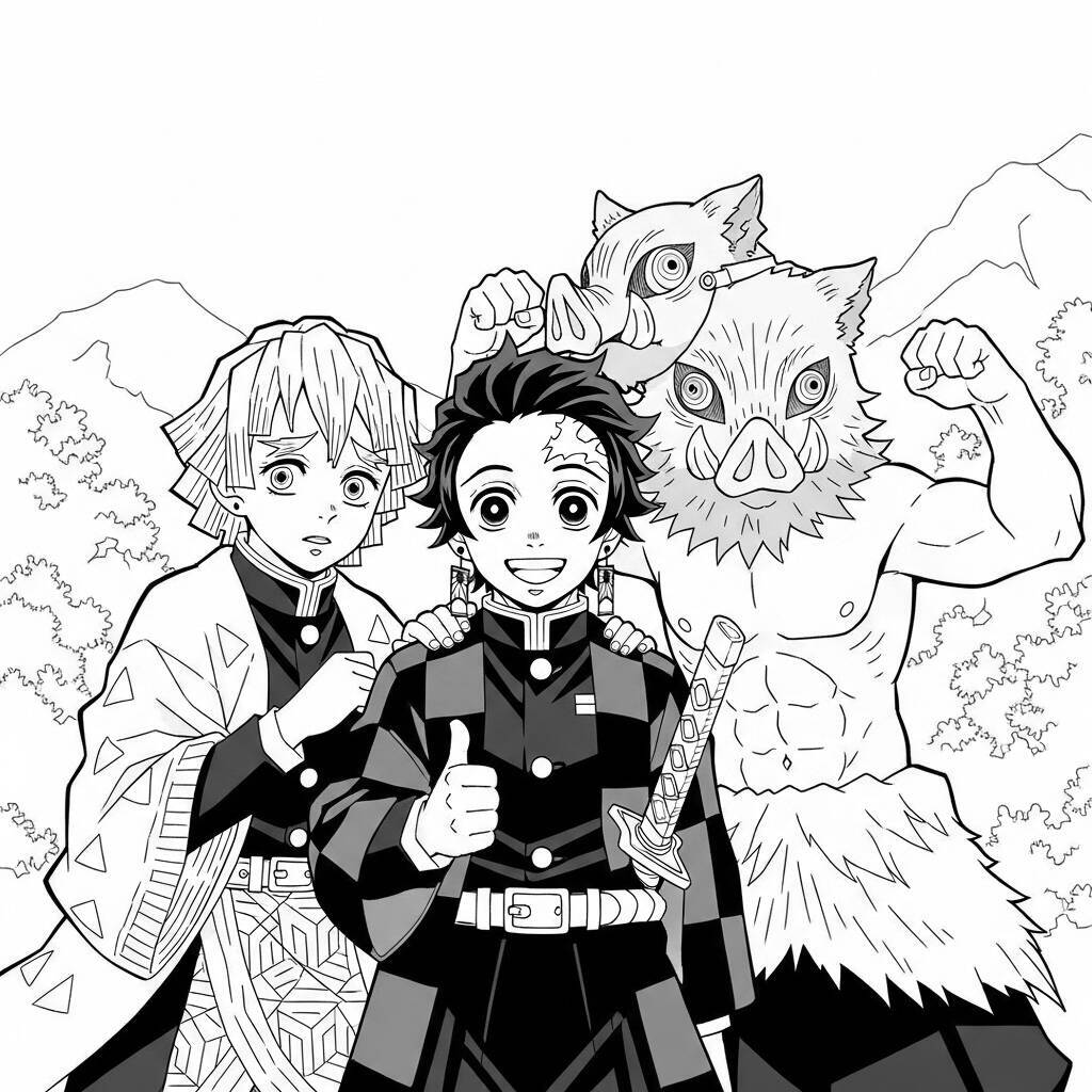 Malvorlage Tanjiro und seine Freunde