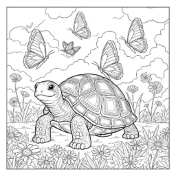Turtle with Butterflies and Flowers Coloring Page