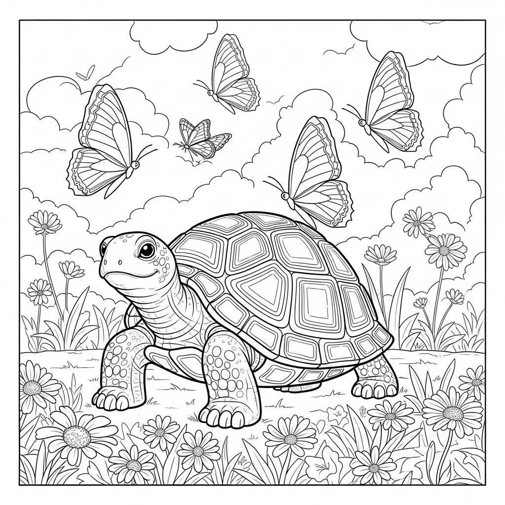 Desenho de Tartaruga com Borboletas e Flores para Colorir