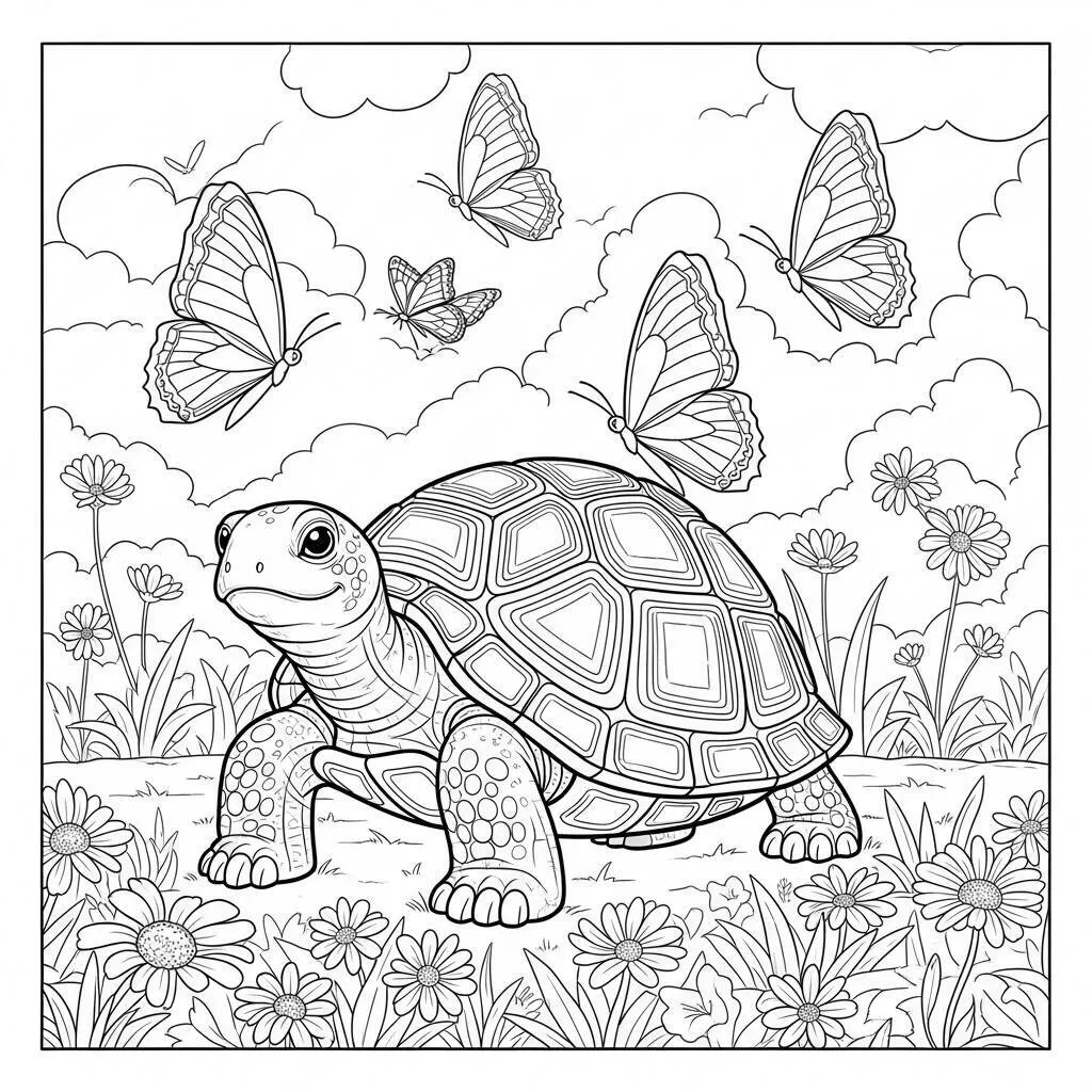 Desenho-de-Tartaruga-com-Borboletas-e-Flores-para-Colorir Turtle with Butterflies and Flowers Coloring Page