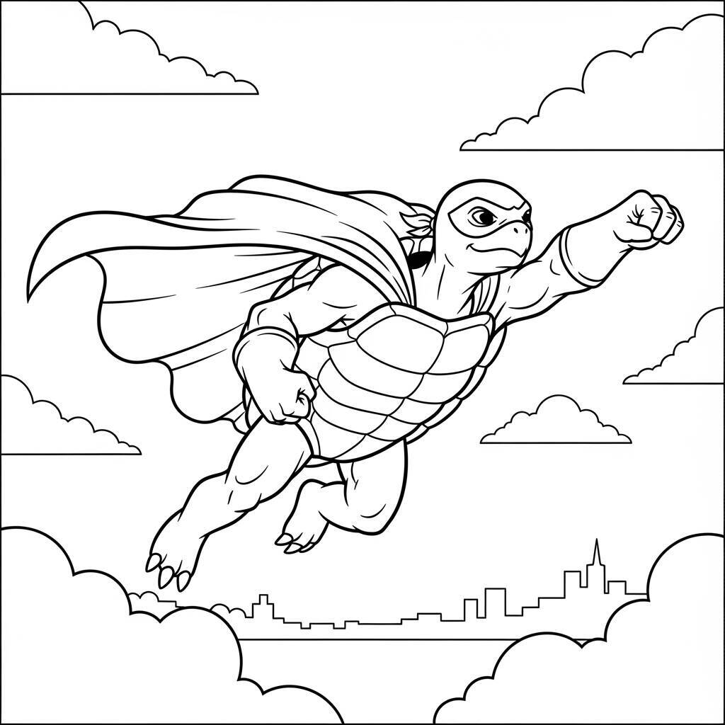 Desenho de Tartaruga com Capa de Super-Herói para Colorir