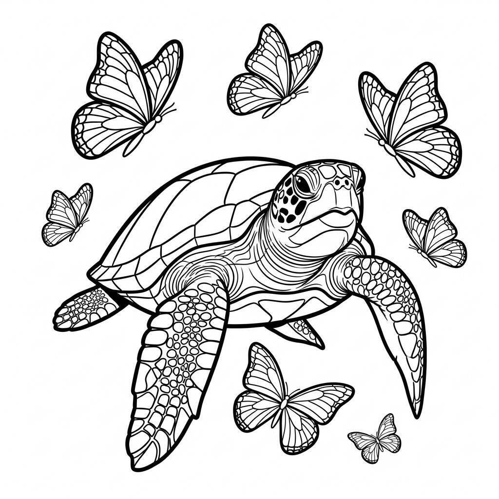 Desenho de Tartaruga e Borboletas para Colorir