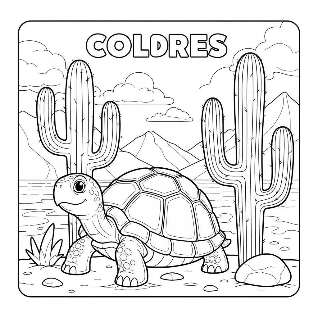 Desenho de Tartaruga e Cactus para Colorir