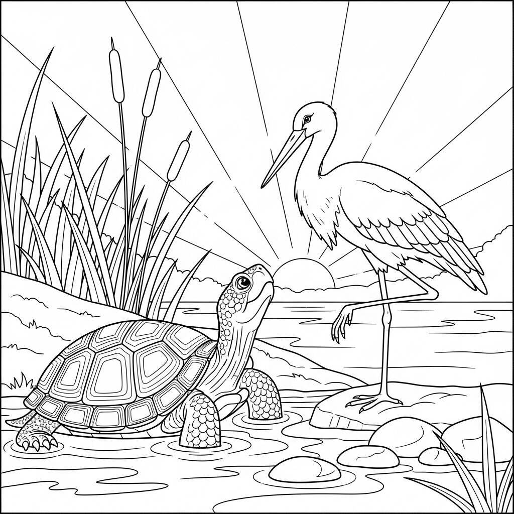 Desenho de Tartaruga e Cegonha para Colorir