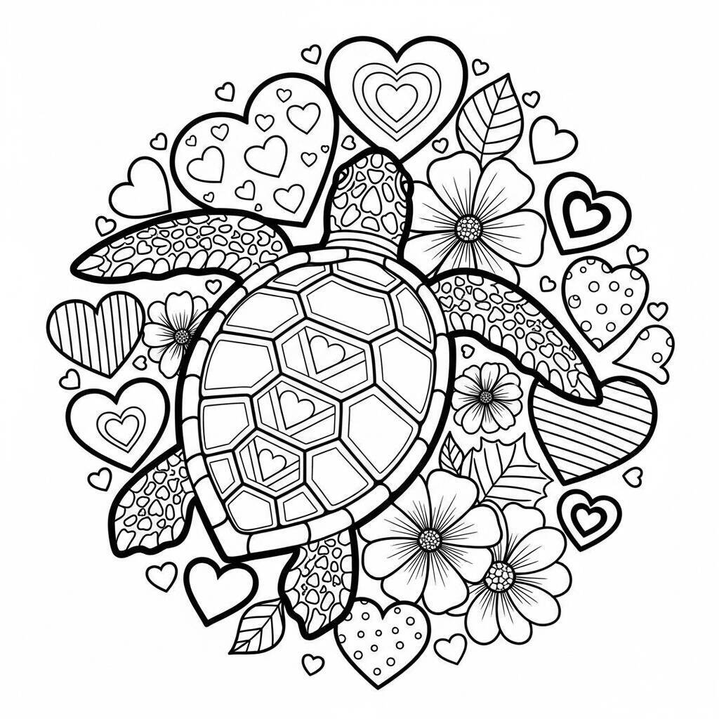 Desenho de Tartaruga e Coração para Colorir