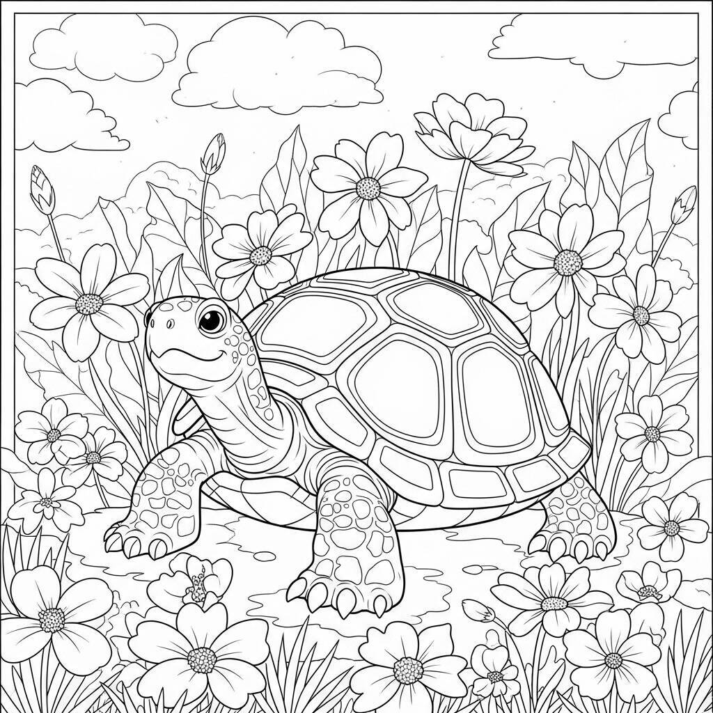 Desenho de Tartaruga e Flores para Colorir