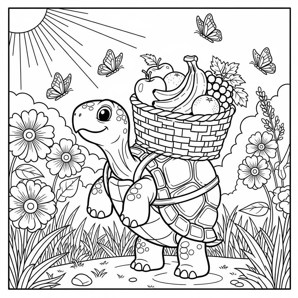 Desenho de Tartaruga e Frutas para Colorir
