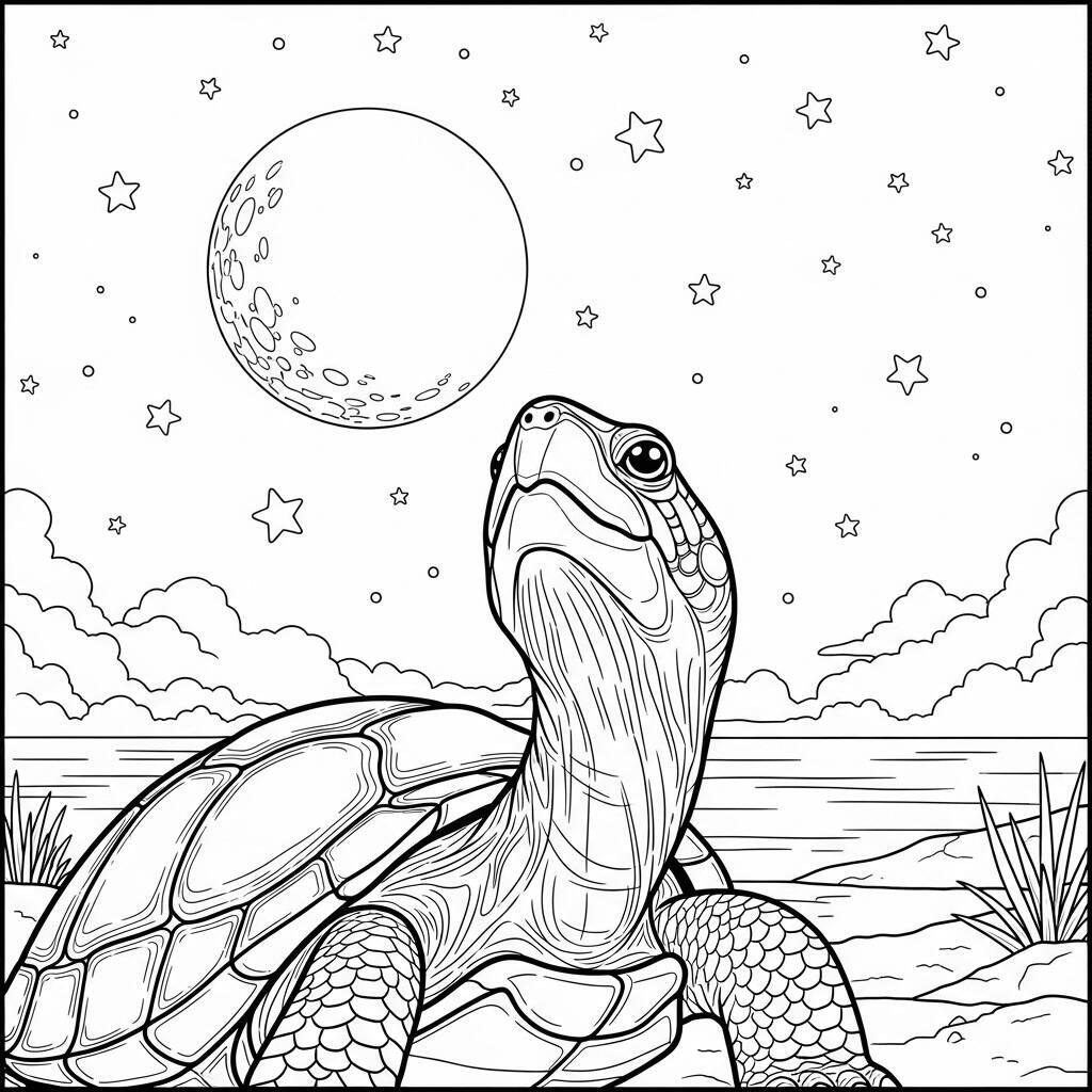 Desenho de Tartaruga e Lua para Colorir