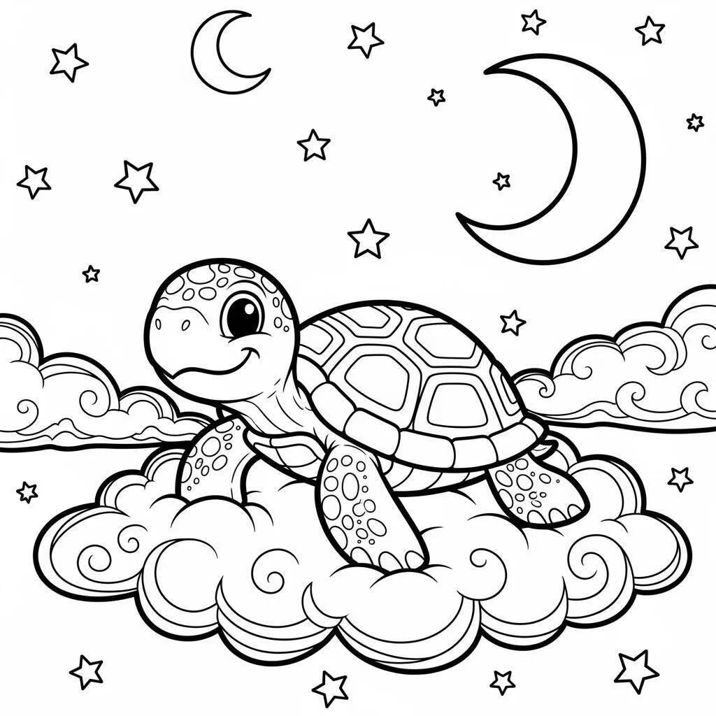 Desenho de Tartaruga e Nuvens para Colorir