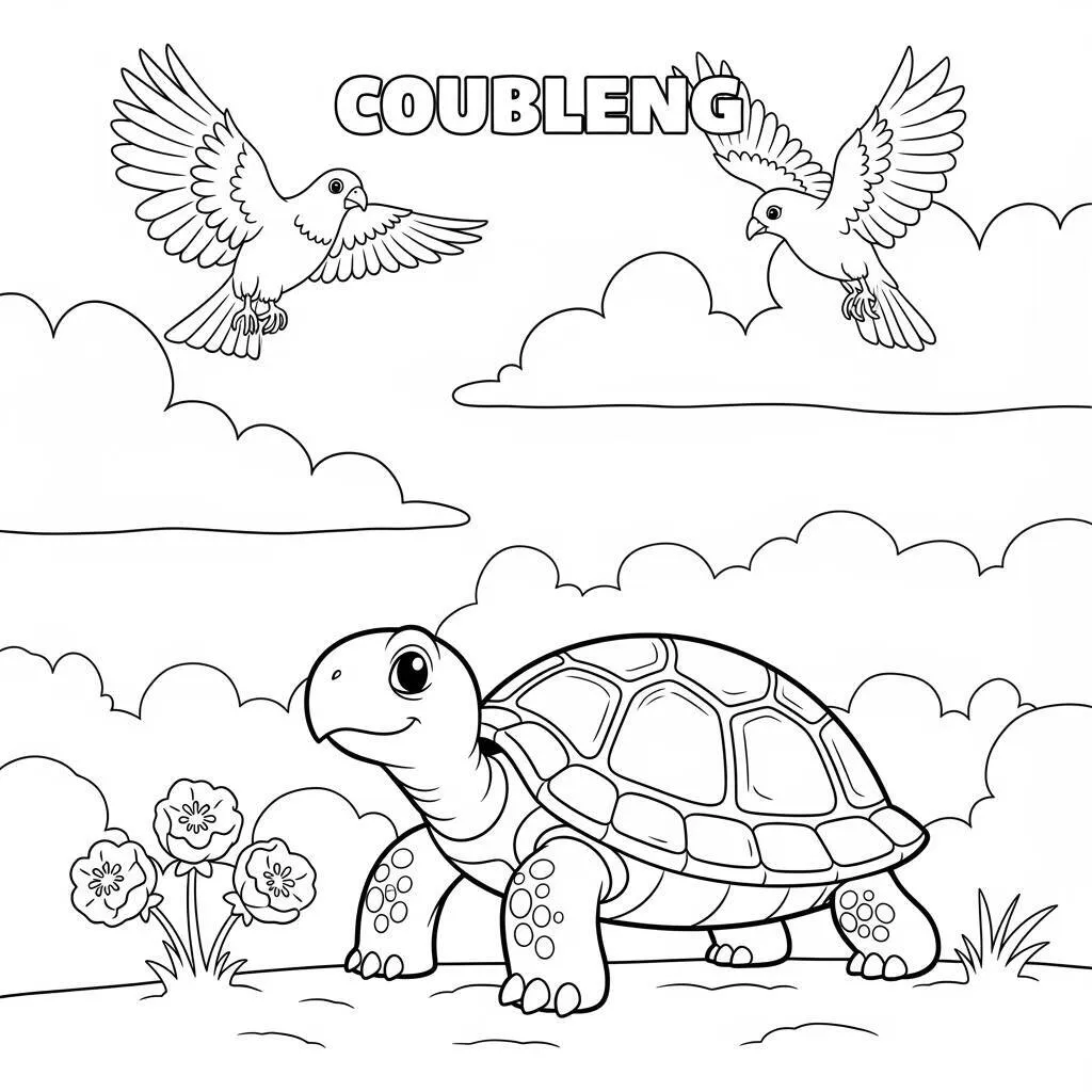 Desenho de Tartaruga e Pássaros para Colorir