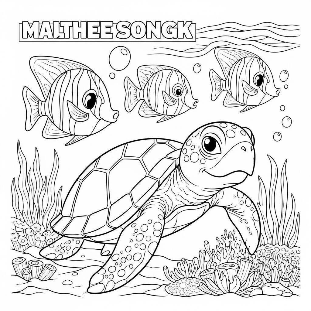 Desenho de Tartaruga e Peixes para Colorir