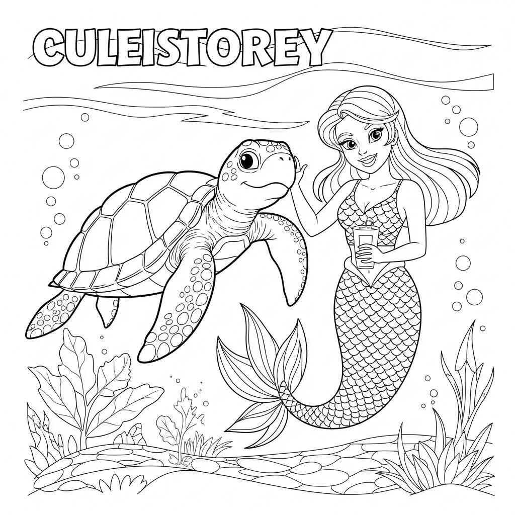 Desenho de Tartaruga e Sereia para Colorir