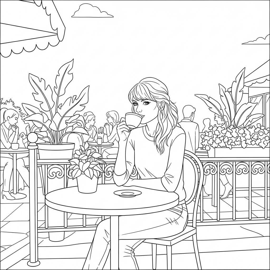 Desenho de Taylor Swift com Café para Colorir