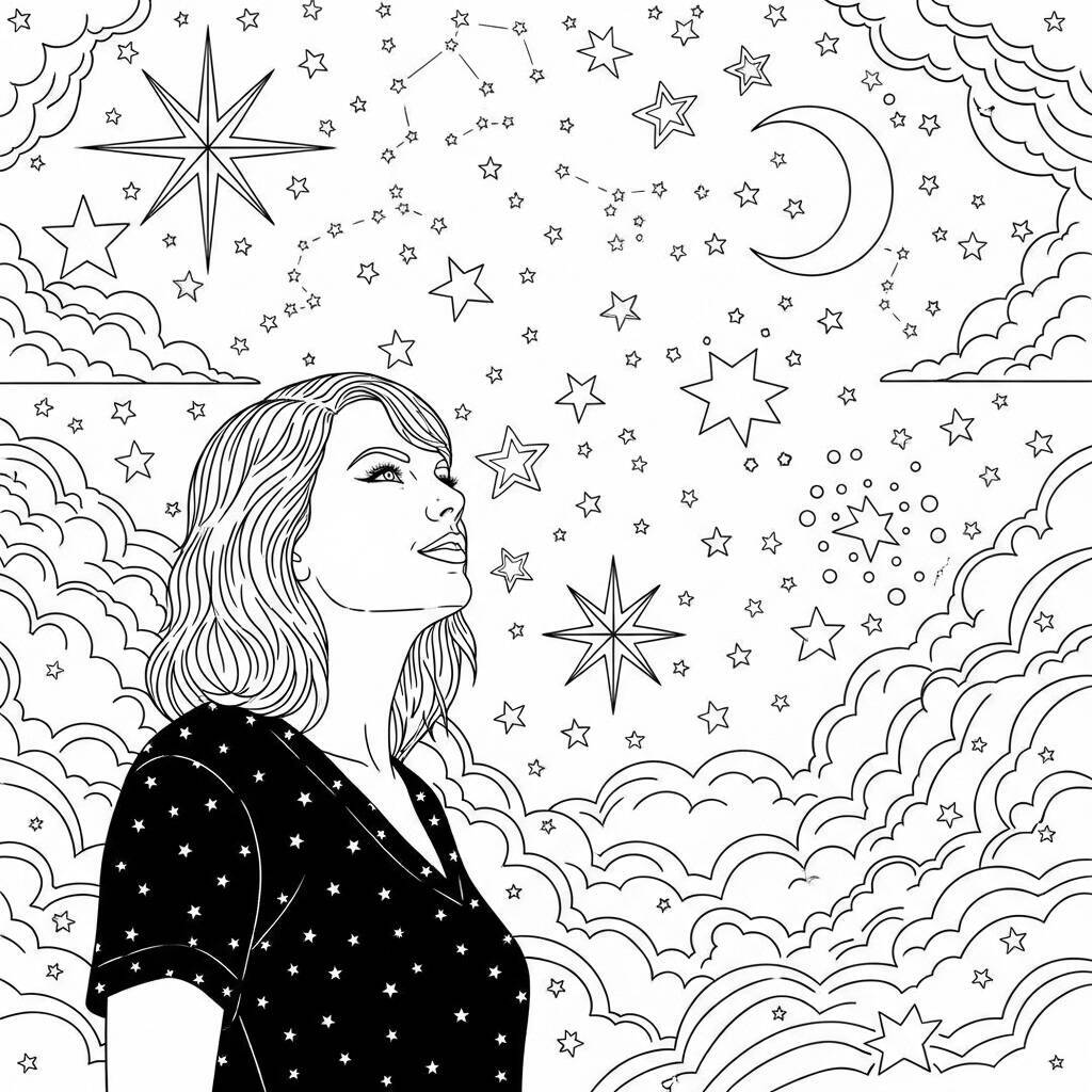 Desenho de Taylor Swift com Estrelas para Colorir