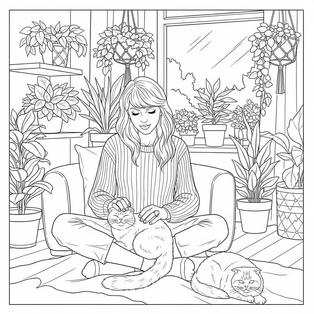 Desenho de Taylor Swift com Gato para Colorir