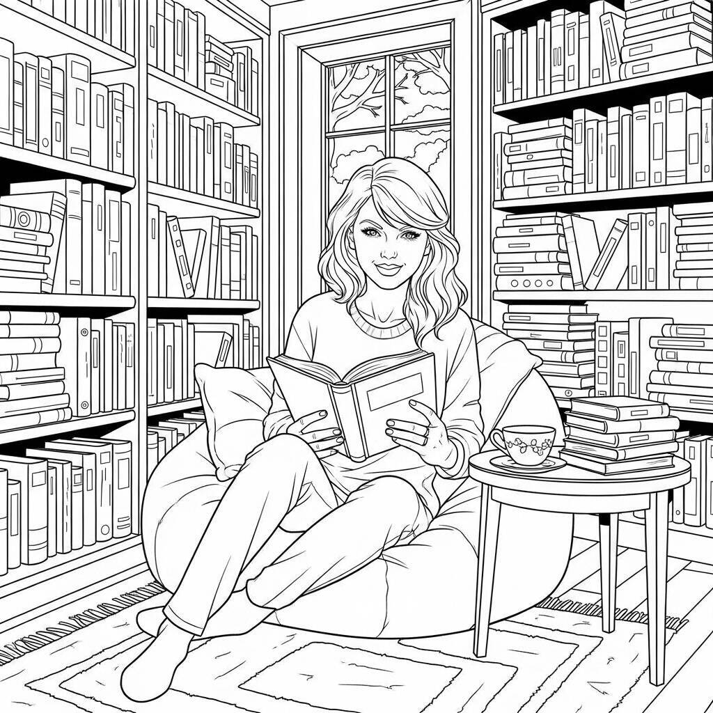Desenho de Taylor Swift com Livros para Colorir