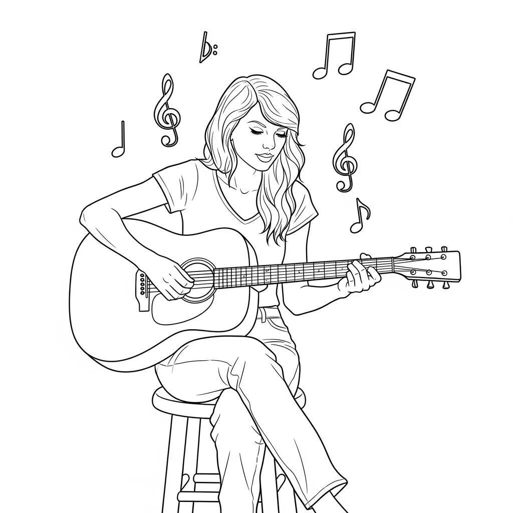 Desenho de Taylor Swift com Violão para Colorir