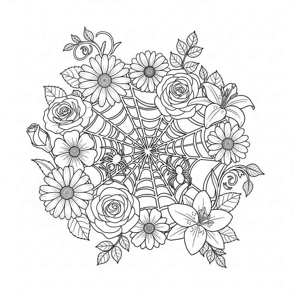Desenho de Teia de Aranha com Flores para Colorir