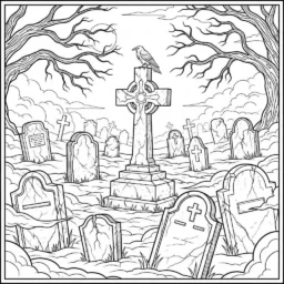 Desenho de Terror com Cemitério para Colorir
