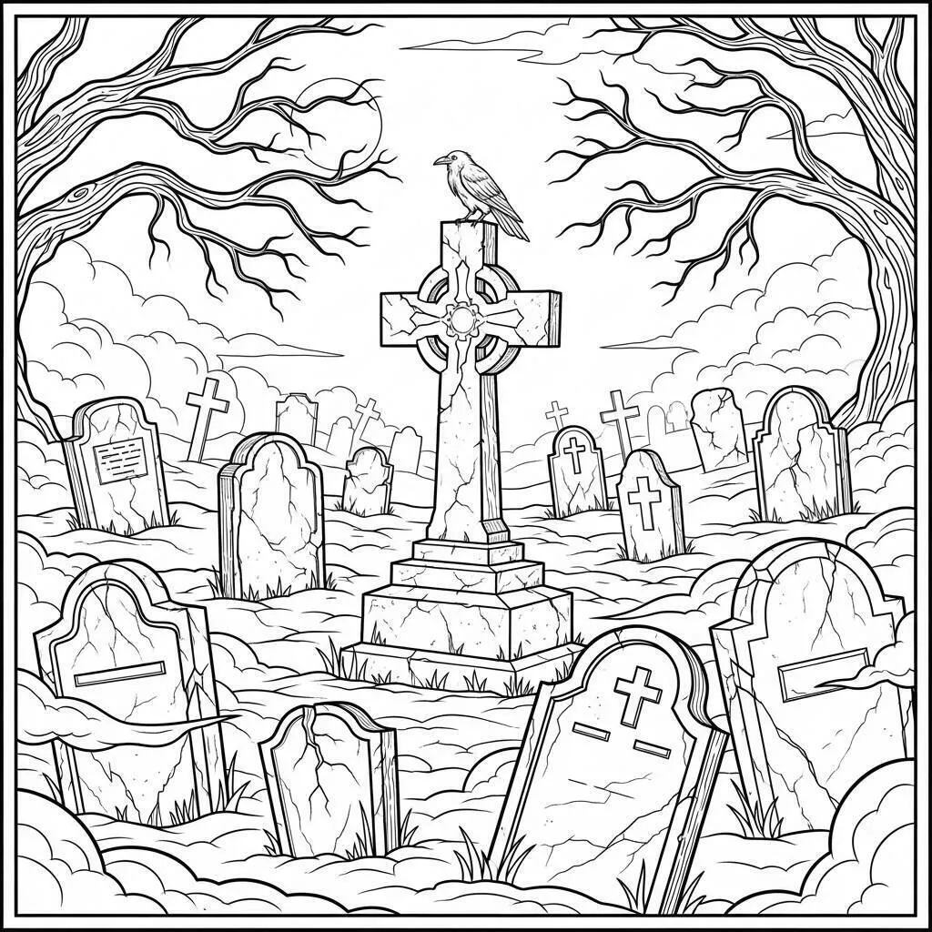 Desenho-de-Terror-com-Cemiterio-para-Colorir Desenho de Terror com Cemitério para Colorir