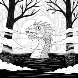 Desenho de Terror com Criaturas do Lago para Colorir