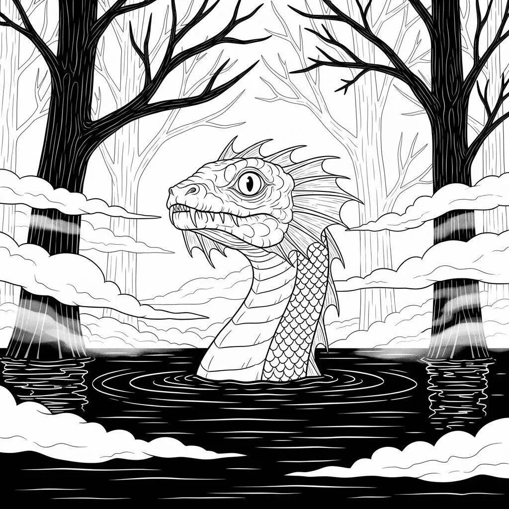 Desenho-de-Terror-com-Criaturas-do-Lago-para-Colorir Desenho de Terror com Criaturas do Lago para Colorir