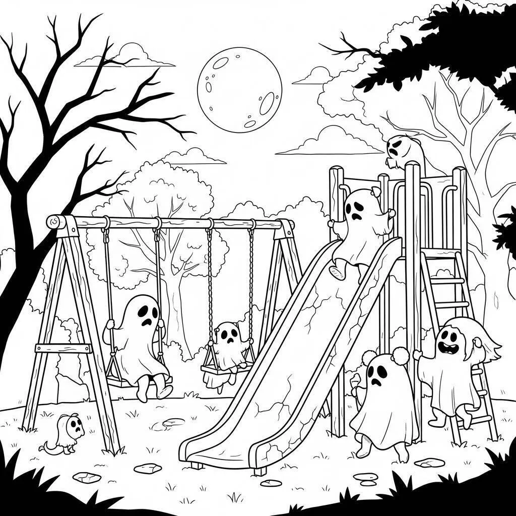 Desenho de Terror com Fantasmas de Crianças para Colorir