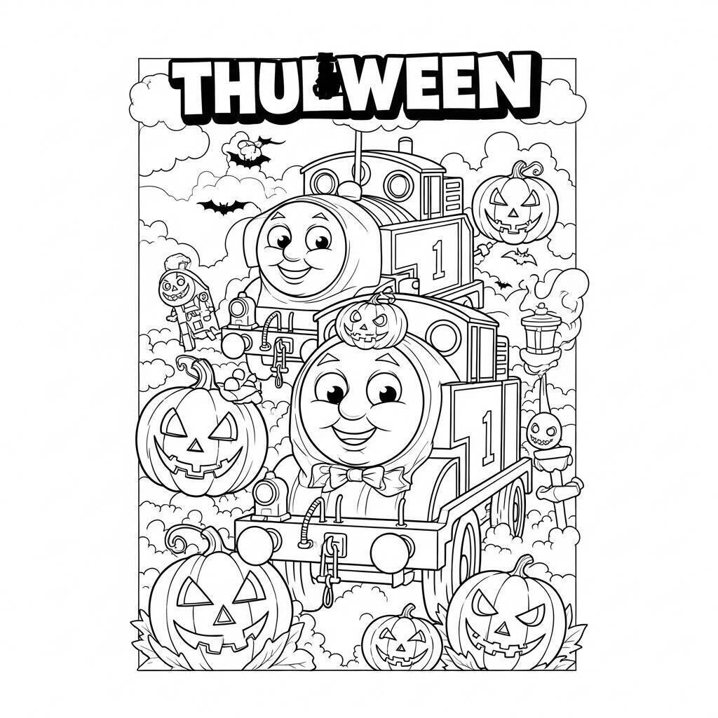 Thomas and Friends on Halloween Coloring Page