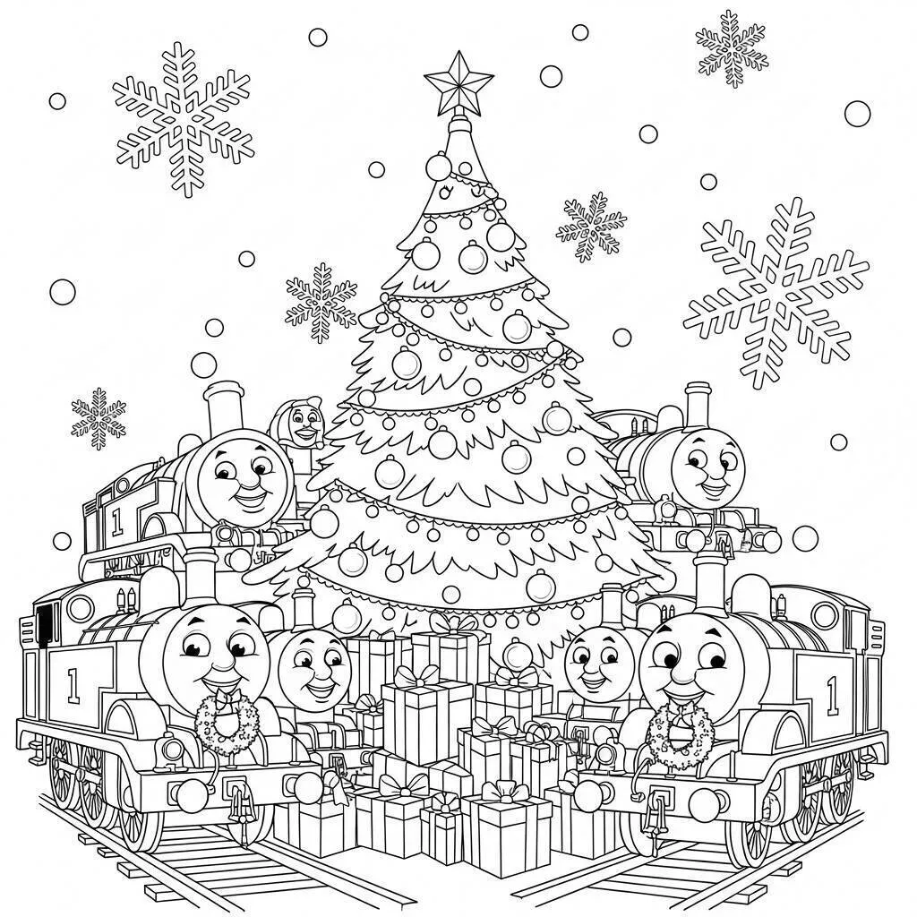Desenho de Thomas e seus Amigos em um Dia de Natal para Colorir