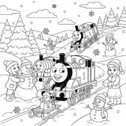 Thomas and his Friends on a Snowy Day Coloring Page