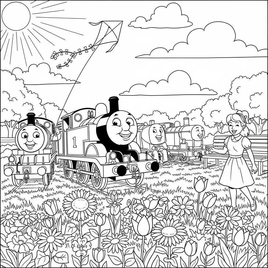 Desenho-de-Thomas-e-seus-Amigos-em-um-Dia-de-Sol-para-Colorir Thomas and his Friends on a Sunny Day Coloring Page