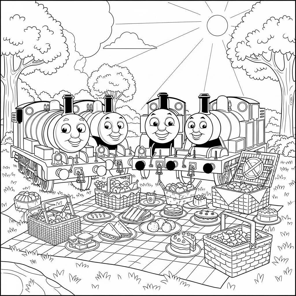 Thomas and his Friends on a Picnic Coloring Page