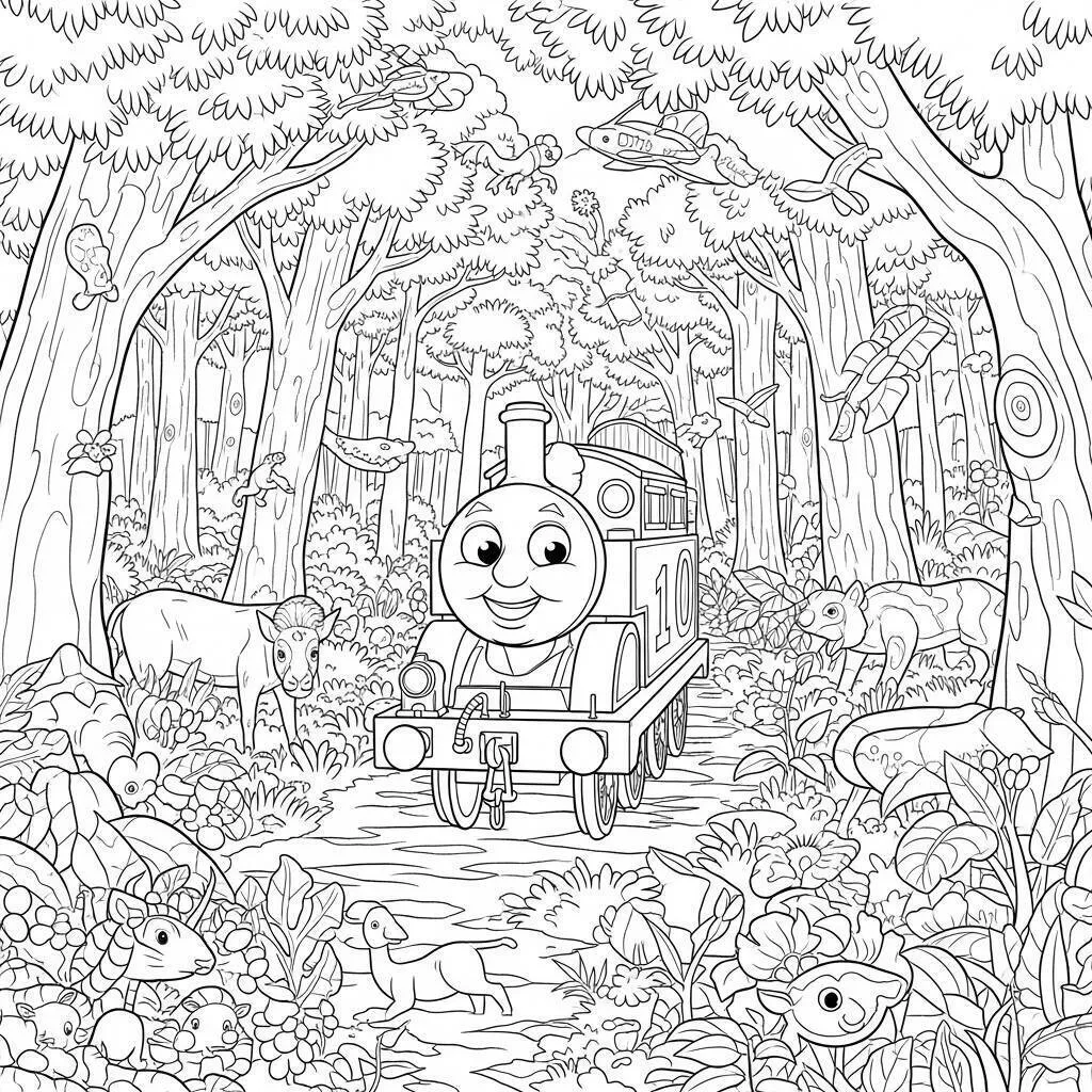 Desenho de Thomas e seus Amigos na Floresta para Colorir