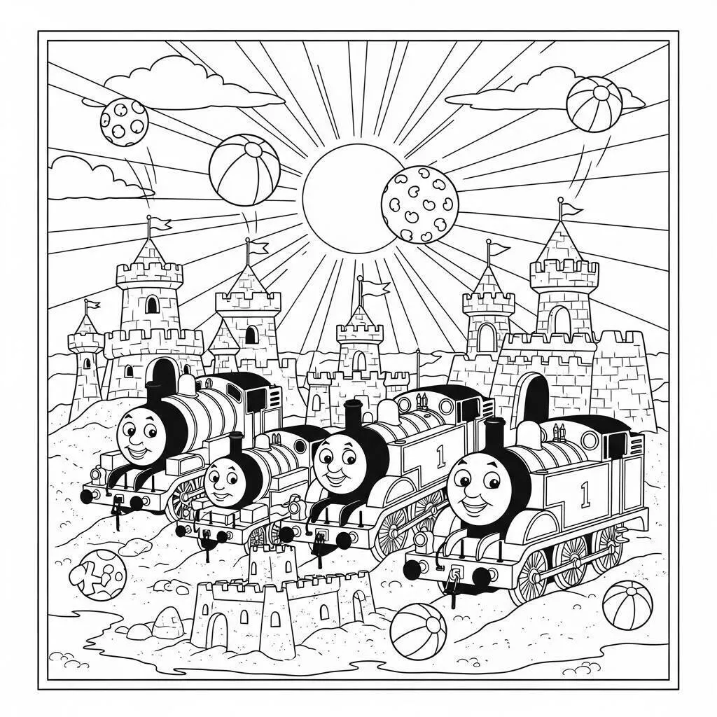 Desenho-de-Thomas-e-seus-Amigos-na-Praia-para-Colorir Desenho de Thomas e seus Amigos na Praia para Colorir