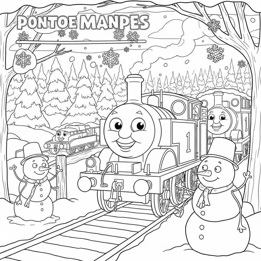 Thomas and his Friends in Winter Coloring Page