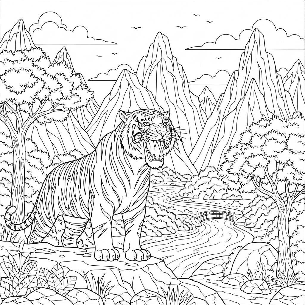 Dessin de tigre avec des détails de paysage à colorier