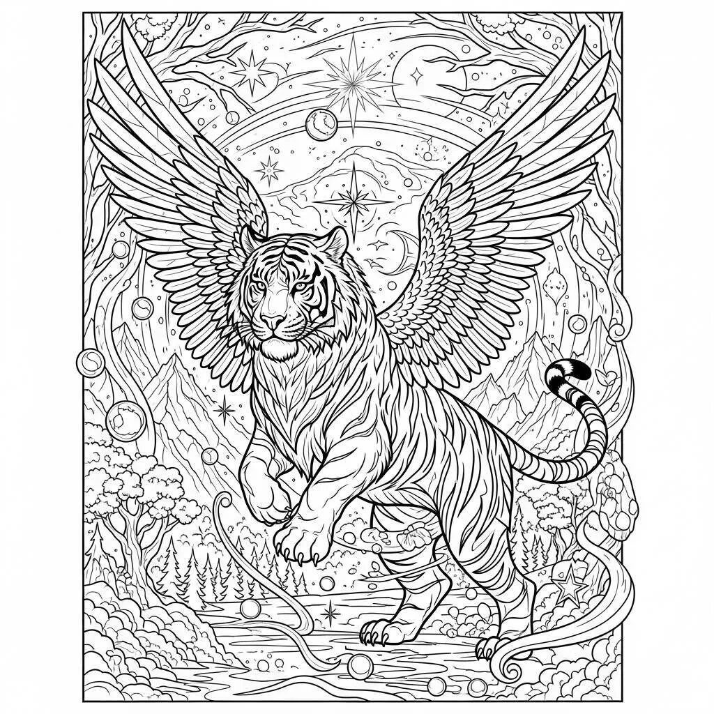 Desenho-de-Tigre-com-Elementos-de-Fantasia-para-Colorir Tiger Coloring Page with Fantasy Elements
